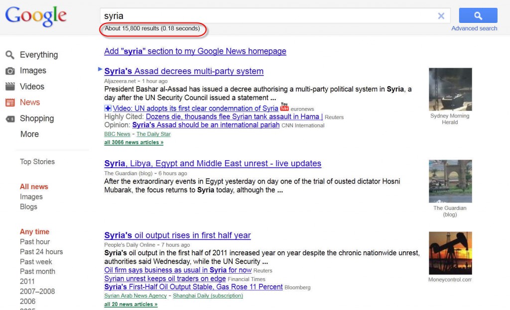 Syria articles in Google News search